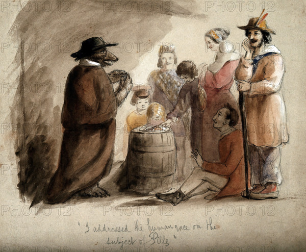 A bear wearing a hat and a cloak, selling pills to a group of country folk in Leipzig. Creator: John Frederick Tayler.