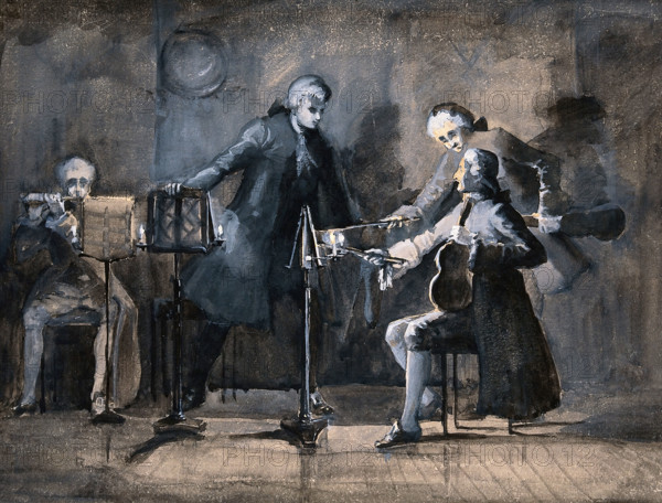 A quartet of musicians tuning up; two violinists point to their scores with their bows. Creator: Unknown.