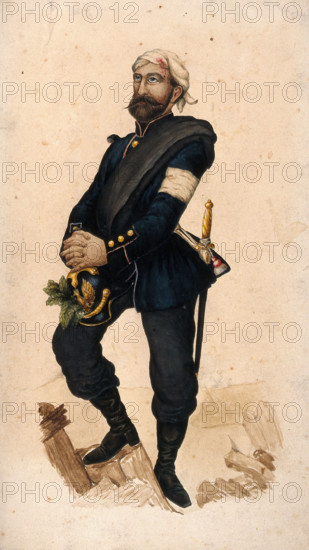 A soldier with wounded head who has inserted medicinal plants in his helmet. Creator: Unknown.