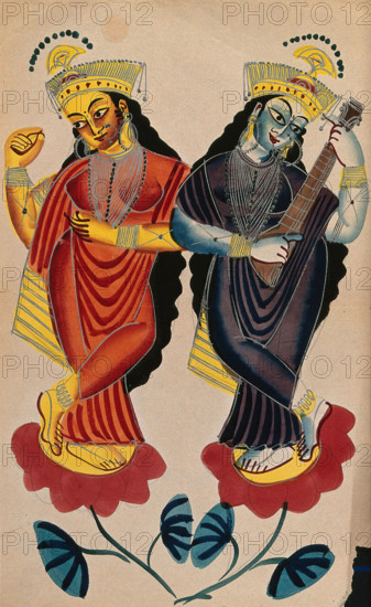 Hindu goddesses Lakshami and Saraswati playing castanets and a tambura. Creator: Unknown.