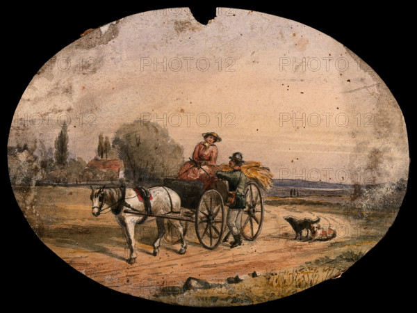 A woman driving a horse-drawn cart loaded with hay has stopped on the road to speak to a man... Creator: Unknown.