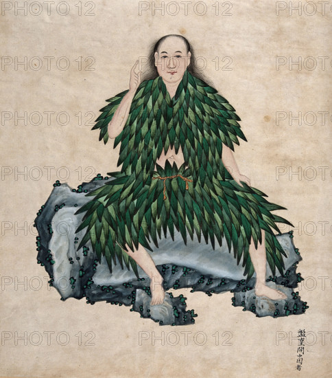 Shen Nung seated on a rock, wearing simple garments fashioned from leaves, 1800-1899. Creator: Unknown.