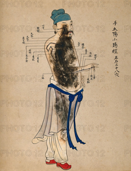 Acupuncture chart with a series of points indicated on the figure of a standing Chinese man. Creator: Unknown.