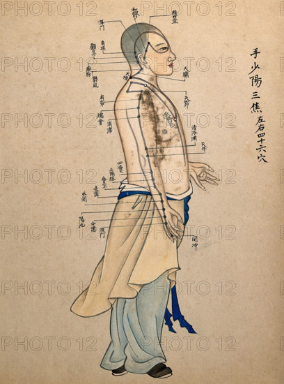 Acupuncture chart with a series of points indicated on the figure of a standing Chinese man. Creator: Unknown.