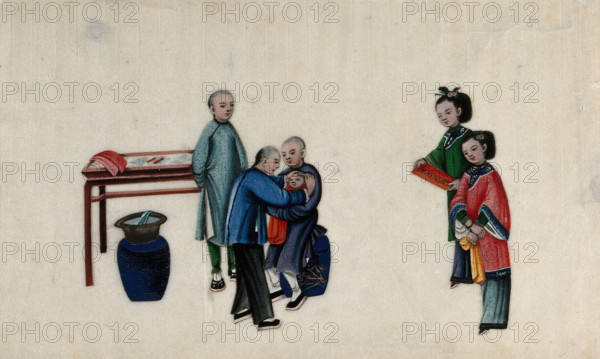 Chinese birth customs: a baby's head is shaved as part of the one month celebration..., 1800. Creator: Unknown.