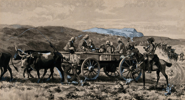 Boer War: wounded men transported in an ambulance cart drawn by oxen, 1900. Creator: George Soper.