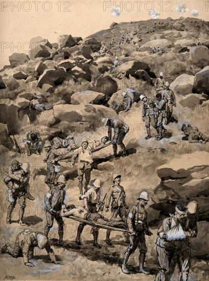Boer War: removing the wounded after the Battle of Spion Kop, 1900. Creator: Henry Marriott Paget.