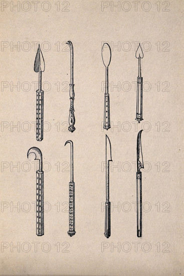 Surgical instruments, mainly spatulas and needles. Creator: Unknown.