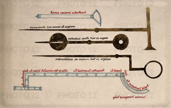 Surgical instruments, including cauterising needles. Creator: Unknown.