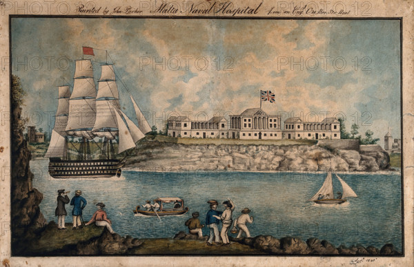 Malta: Royal Naval Hospital or Bighi Hospital, with sailors dancing on the shore, 1843. Creators: Charles de Brocktorff, Unknown.