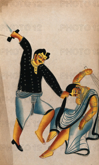 Domestic violence: a husband holding his wife by the hair about to strike her with a shoe... Creator: Unknown.