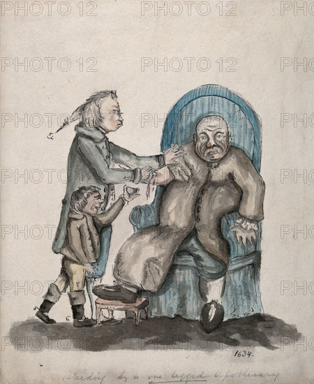 A surgeon-apothecary bleeding a patient, his servant boy catches the drops. Creator: Unknown.