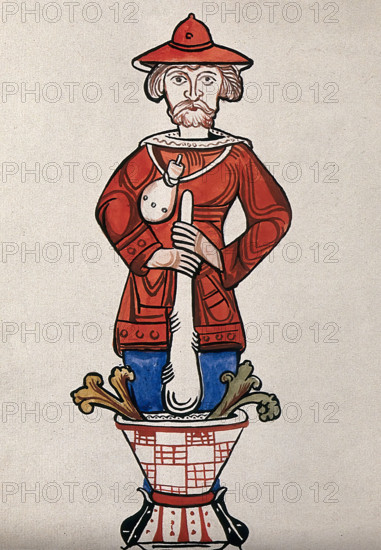 A man pounding a mixture with a pestle and mortar - an emblem from a drug jar. Creator: Unknown.