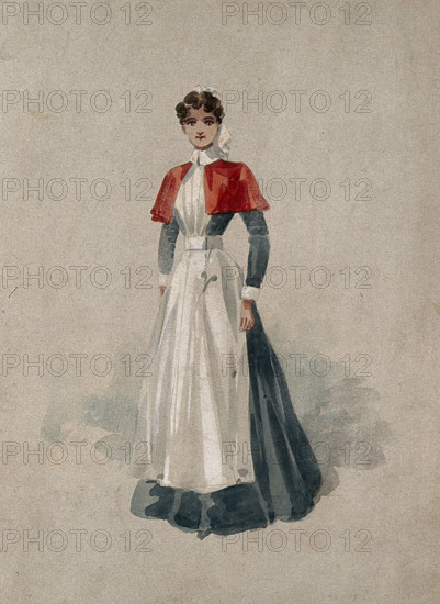 An English hospital nurse in full uniform. Creator: Unknown.