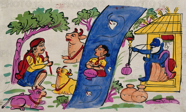 Krishna playing his flute to the cows and Radha who is immersed in the river... Creator: Unknown.