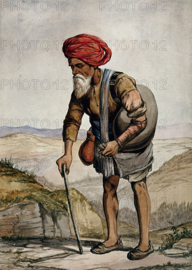 An old man of Simla, holding a stick, standing with a sack on his shoulder, 1866. Creator: R Clint.