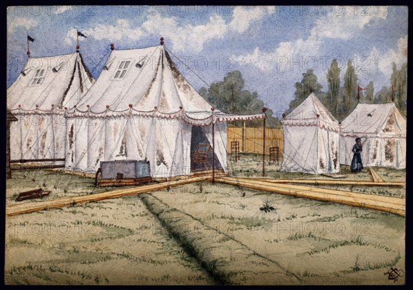 St Pancras Smallpox Hospital, London: housed in a tented camp at Finchley, 1881. Creator: Frank Collins.