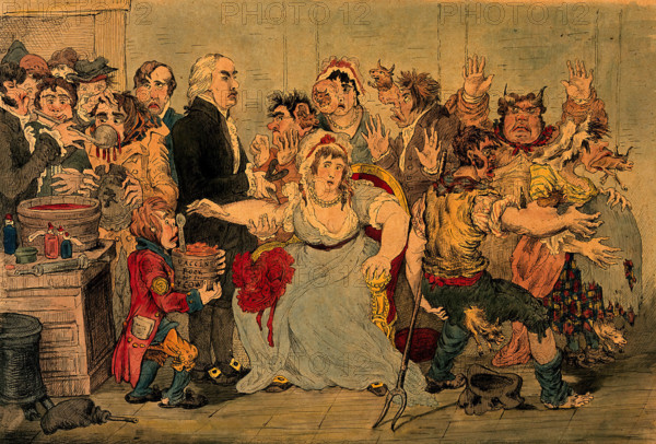 Edward Jenner vaccinating patients in the Smallpox and Inoculation Hospital at St Pancras... Creator: James Gillray.