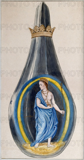 A queen dressed in blue, representing mercury, in a crowned alchemical flask, 1900-1909. Creator: Edith Annie Ibbs.