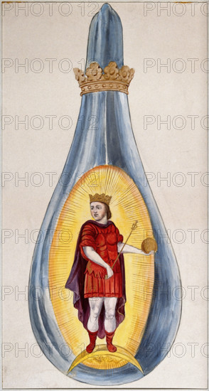 A crowned alchemical flask containing a young king, dressed in red, representing the..., 1900-1909. Creator: Edith Annie Ibbs.