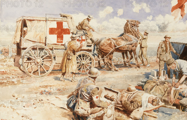 World War I: an advanced dressing station on the Western Front, 1917. Creator: Fortunino Matania.