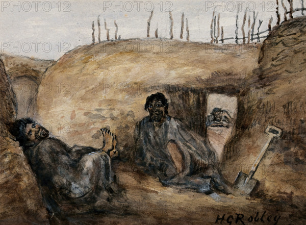 Maori warrior Reweti and a wounded comrade in the Gate Pa pits, 30 April 1864, (1864?). Creator: Major HG Robley.