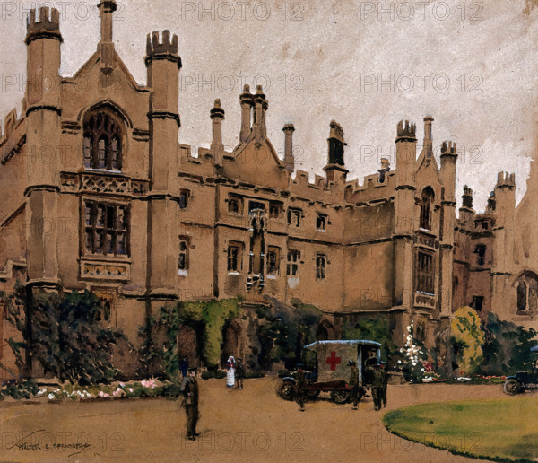World War I: a neo-Gothic building used as a hospital, with an ambulance.., c1910s. Creator: Walter Ernest Spradbery.