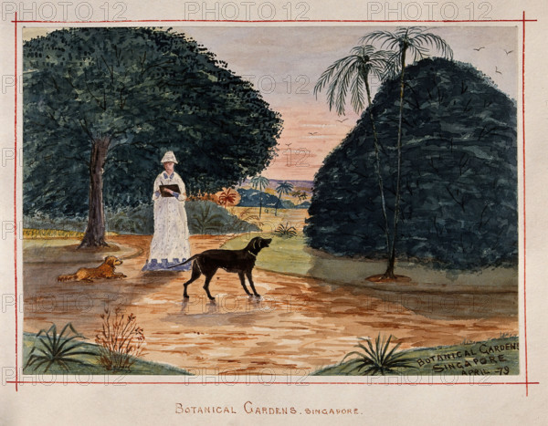 Singapore: a person with dogs in the Botanical Gardens, 1879. Creator: John Edmund Taylor.