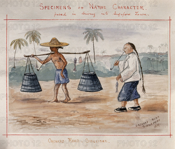 Singapore: two Singaporean men carrying a yoke and smoking pipes, 1879. Creator: John Edmund Taylor.