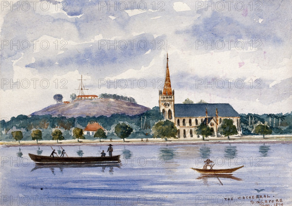 Singapore: view across the harbour to Fort Canning and the cathedral, 1879. Creator: John Edmund Taylor.