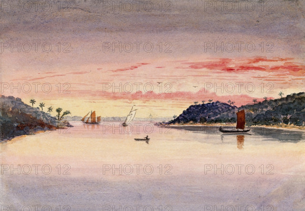 Singapore: evening view of the entrance to the harbour, 1879. Creator: John Edmund Taylor.