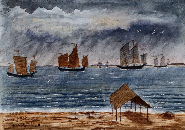 Singapore: Chinese junks in the rain at Tanjong Katong, 1879. Creator: John Edmund Taylor.