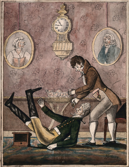 A wealthy patient falls over having a tooth extracted with vigour by a fashionable dentist, 1790. Creator: Unknown.