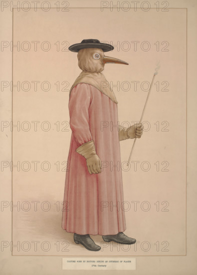 A physician wearing a seventeenth century plague preventive costume, (1910?). Creator: Unknown.