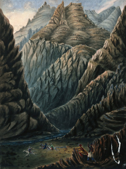 Shooting skirmish below mountains, Afghanistan. Creator: Unknown.