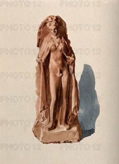 A clay figure of an intersex person revealing their genital area (Hermaphroditos anasyromenos). Creator: Unknown.