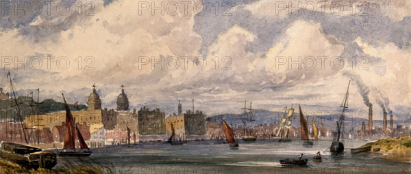 Royal Naval Hospital Greenwich, viewed from afar with many ships in the foreground. Creator: Unknown.