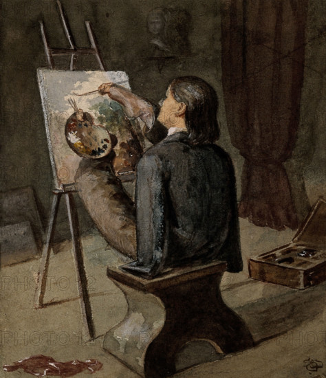 A painter born without arms who paints with his feet. Creator: Unknown.