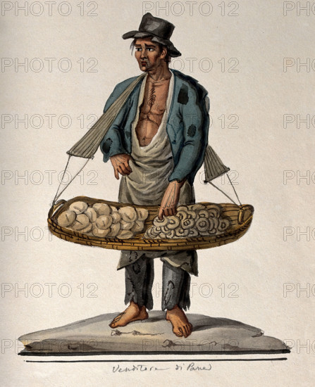 A man selling bread from a large basket hanging from his shoulders, 1800-1899. Creator: Unknown.
