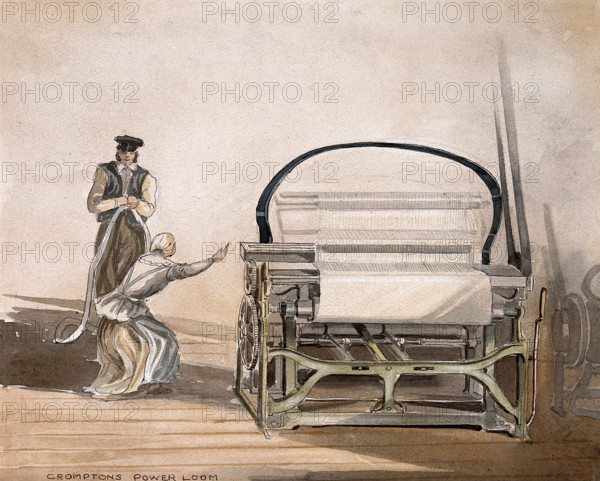 Textiles: Crompton's belt-driven power loom, with a man standing by and a woman working. Creator: Unknown.