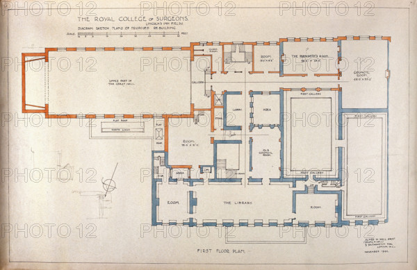 Proposed rebuilding of the Royal College of Surgeons of England: plan of first floor, 1944. Creators: Unknown, Alner W Hall.