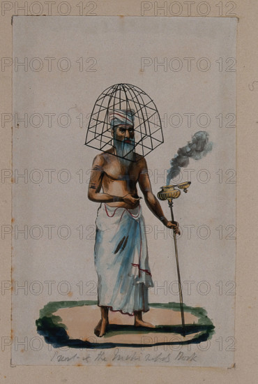 A priest with a protective cage (?) covering his head, holding a stick..., (between 1800 and 1899?). Creator: Unknown.