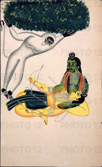 Hanuman, the monkey god, brings a Himalayan mountain with the herb... between 1800 and 1899. Creator: Unknown.