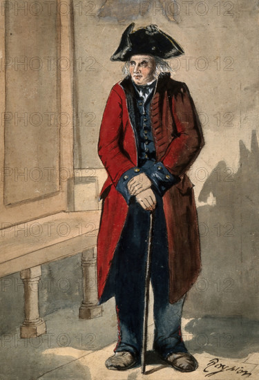 A Chelsea Pensioner standing in the hall at the Royal Hospital, leaning on his stick, c1680s.. Creator: Sir Christopher Wren.