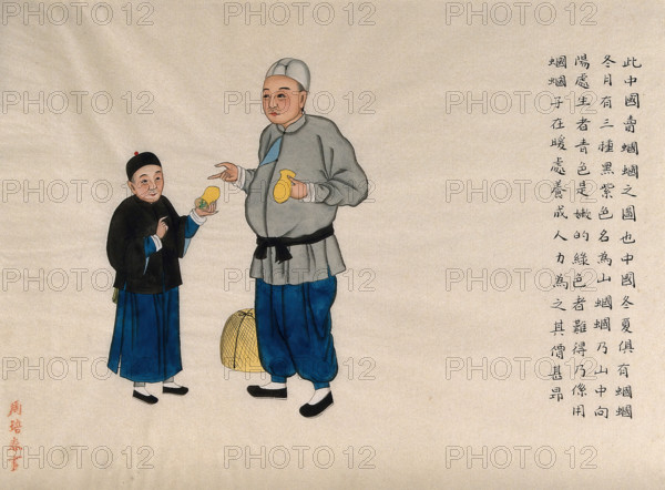 A man selling long-horned grasshoppers (Conocephalous longipennis), with a boy customer, 1890. Creator: Pei Qun Zhou.
