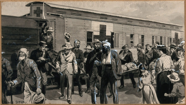 Boer War: wounded Boers are getting off a train, and one is being carried on a stretcher, 1900. Creator: George Soper.