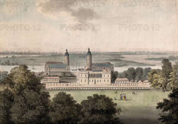 The Royal Naval Hospital and the Queen's House, Greenwich, the Isle of Dogs beyond, c1800s.. Creator: George Samuel.