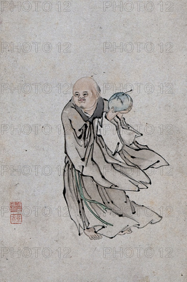 A Chinese man holding a bowl containing a spoon, (between 1800 and 1899?). Creator: Unknown.