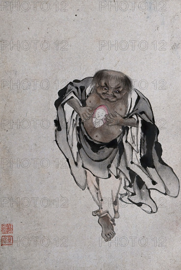 A Chinese man standing revealing a portrait of a man within his chest, (between 1800 and 1899?). Creator: Unknown.