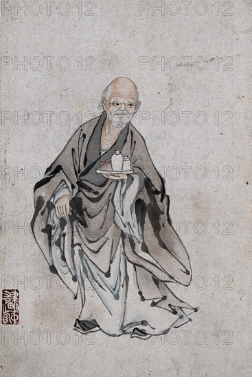 A Chinese man standing holding three vessels on a tray, (between 1800 and 1899?). Creator: Unknown.
